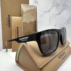Burberry Sunglasses Black Polarized Square White Logo Solid Checkered Interior
